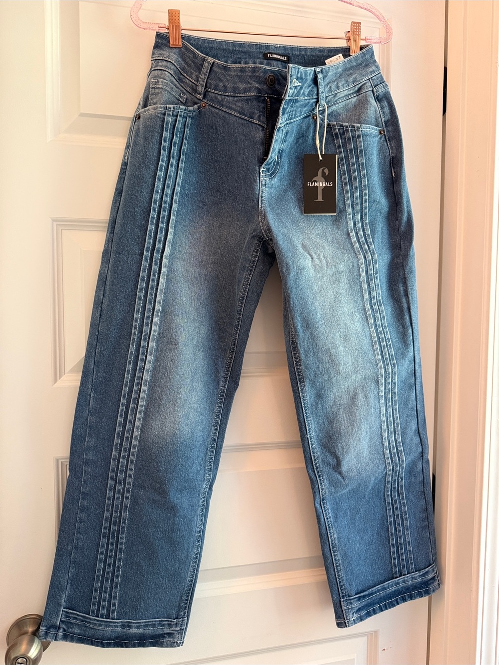 Flamingals Wash Pleated Roll Hem Mid Rise Straight Leg Jeans Womenswear
